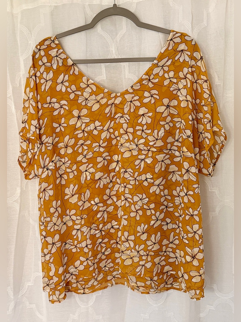 CAbi Mustard Double Layered Semi Sheer Yellow Floral V-Neck Blouse | Large